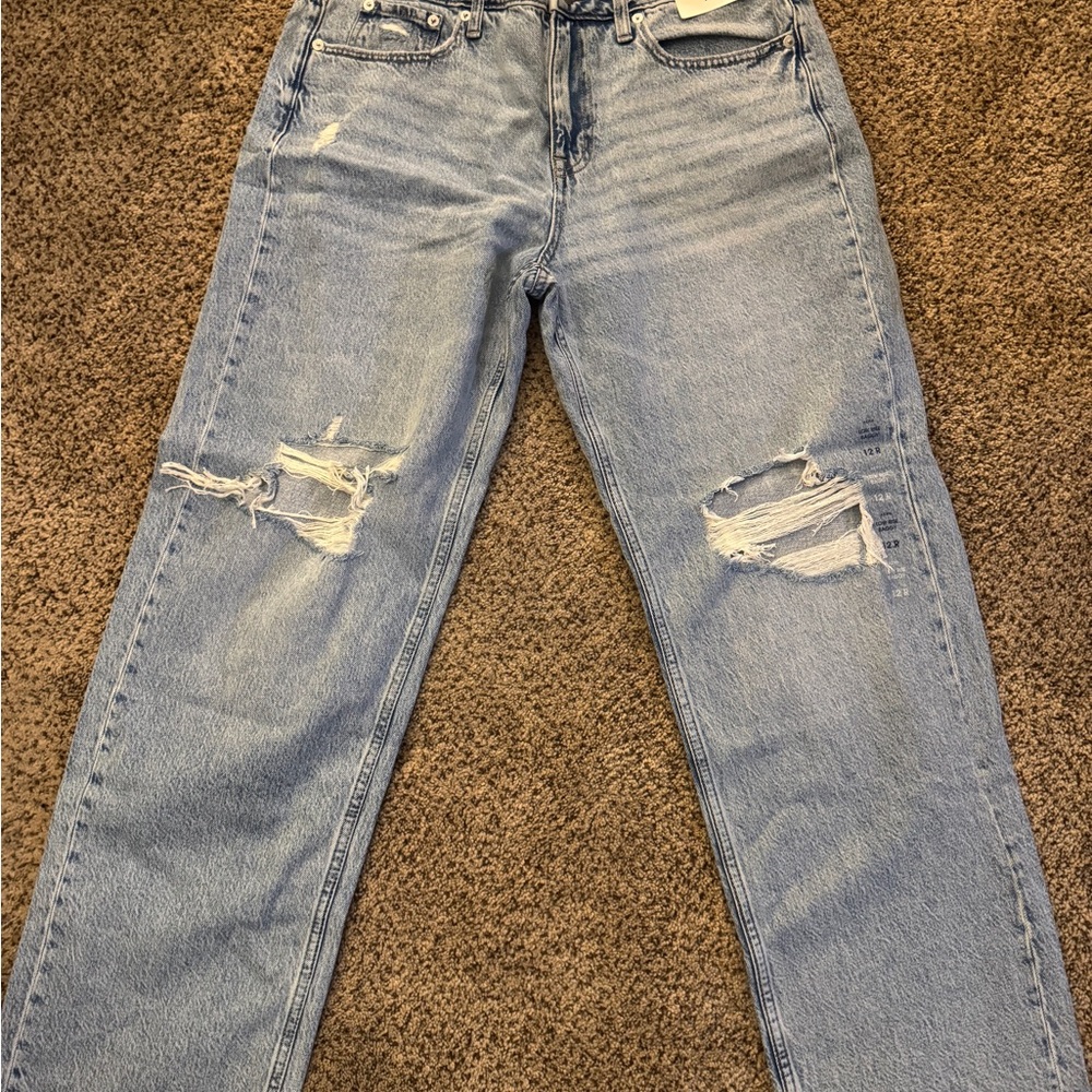 LOW Rise Baggy, NO stretch, Distressed Light Blue Jeans